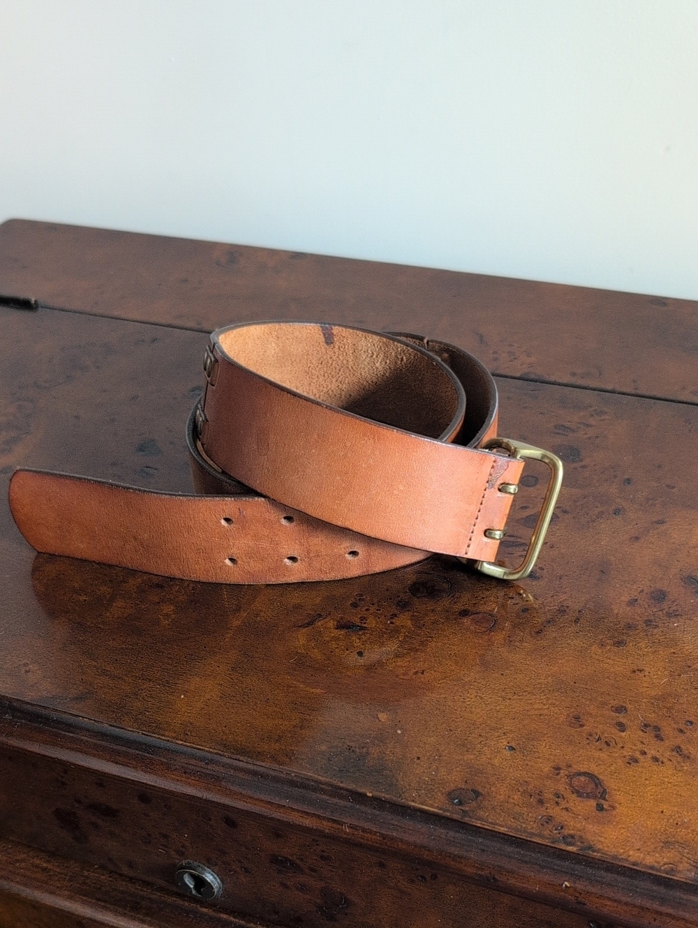 Classic Men's Light Brown Leather Belt with Brass Buckle